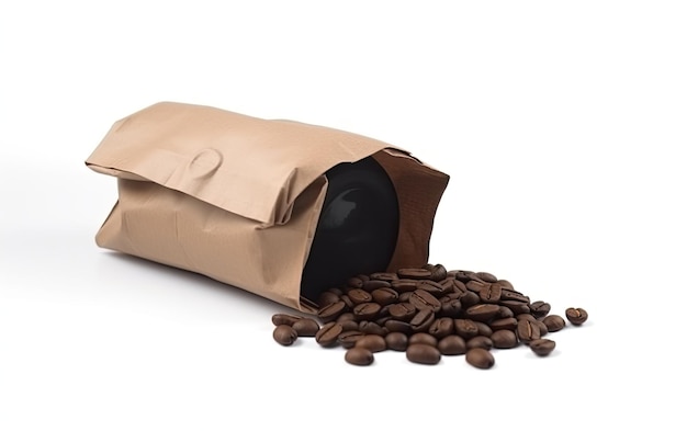A bag of coffee beans is opened to a pile of coffee beans.