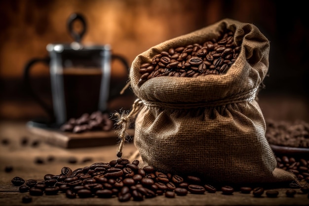 A bag of coffee beans with a cup of coffee in the background