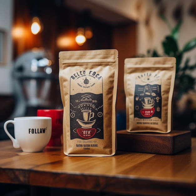 a bag of coffee sits on a table next to a coffee mug