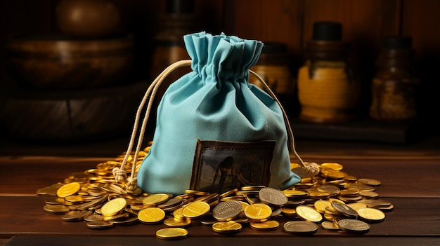 Bag of coins on the table