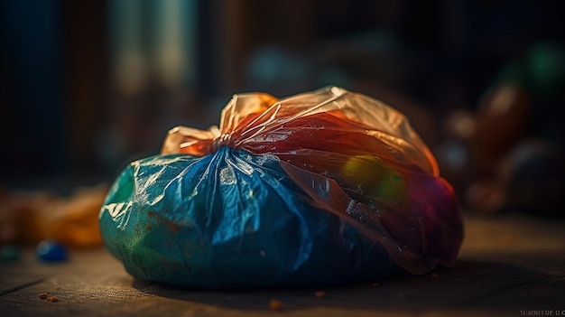 A bag of colored paint sits on a table.