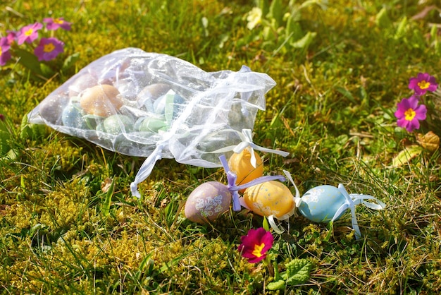 Photo bag of easter eggs on the grass