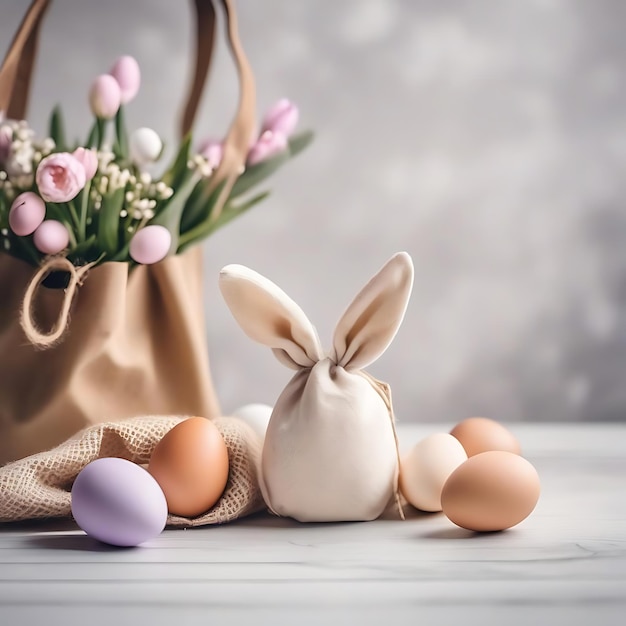 a bag of eggs flowers and a bag of flowers are on a table