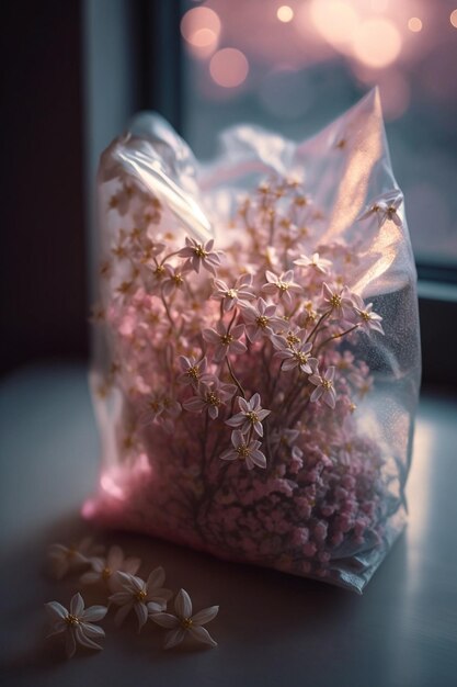 Bag filled with flowers sitting on top of a table generative ai