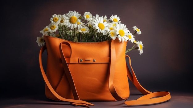 A bag of flowers is on a table.