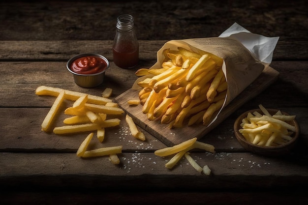 A bag of french fries sits on a table with ketchup and ketchup.