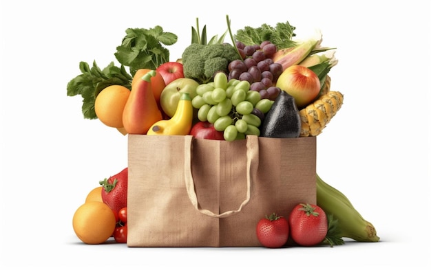 Показана сумка со свежими фруктами и овощами.