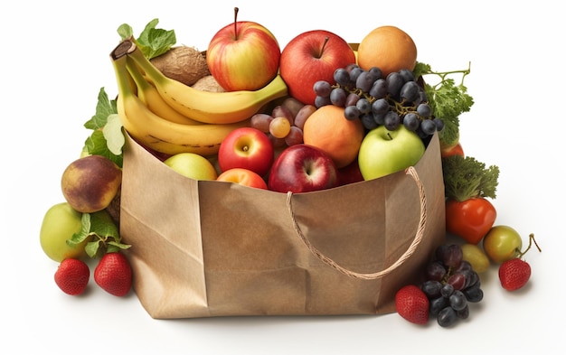 A bag of fruit sits on a table