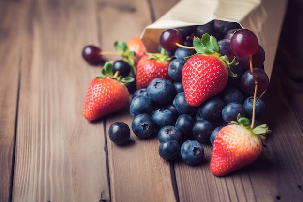 A bag of fruit on a wooden table