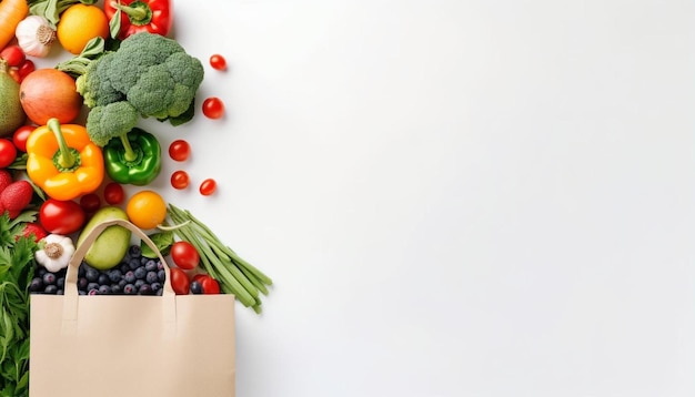 a bag of fruits and vegetables with a white background