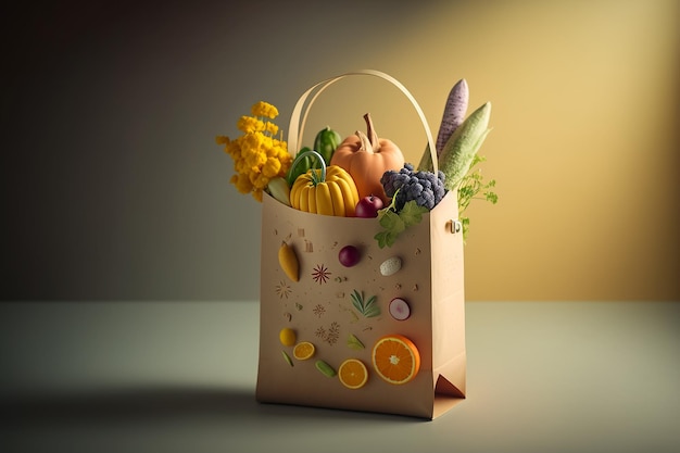 A bag of fruits and vegetables with a yellow background.