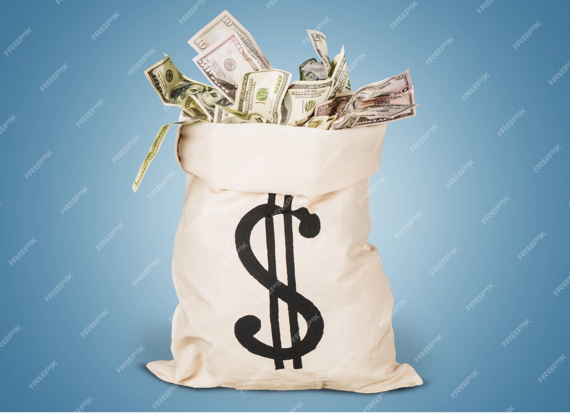 Premium Photo | Bag full of money on blue background