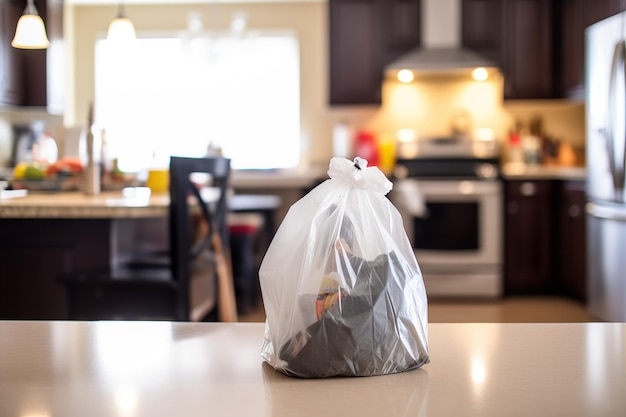 Photo a bag of garbage stands in the middle of the dining table in a clean and cozy kitchen