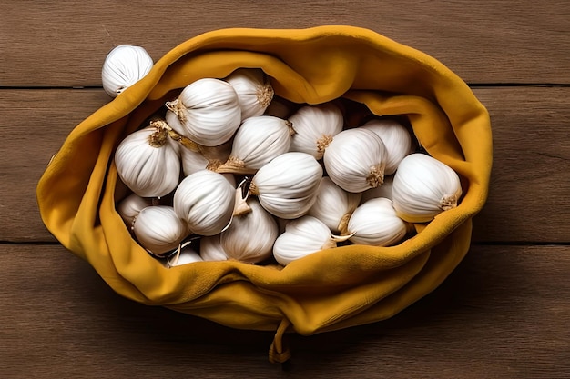 A bag of garlic on a table