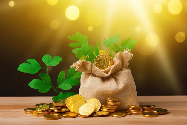 a bag of gold coins with a plant growing out of it