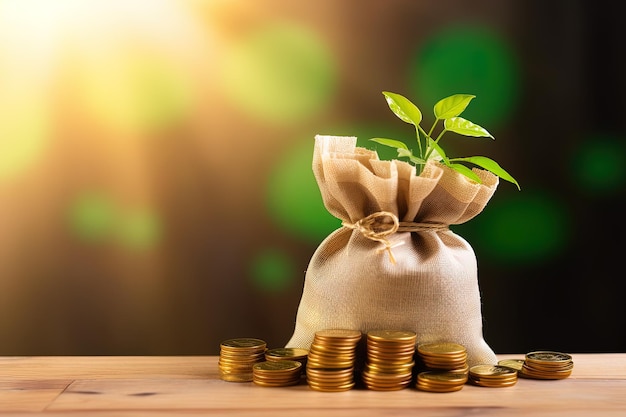 a bag of gold coins with a plant growing out of it