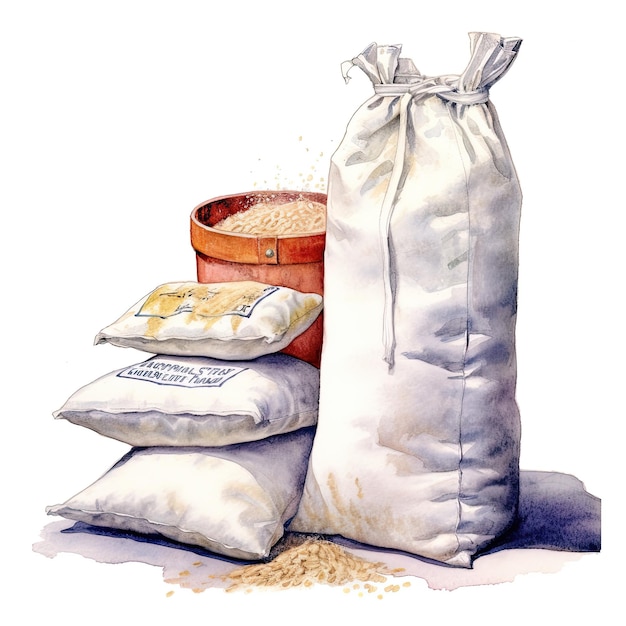 Photo a bag of grain is next to a bag of flour.