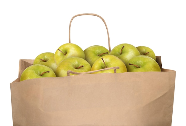 Bag of green apples isolated on white background