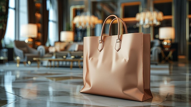 The bag is a soft beige color with smooth handles and buckles that reflect the quality of its handcrafting