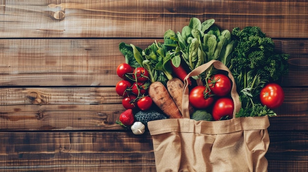 Photo a bag of leaf vegetables on a wooden table natural foods aig