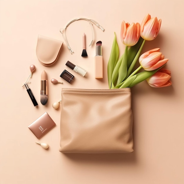 A bag of makeup and a makeup bag with tulips and a small earring.