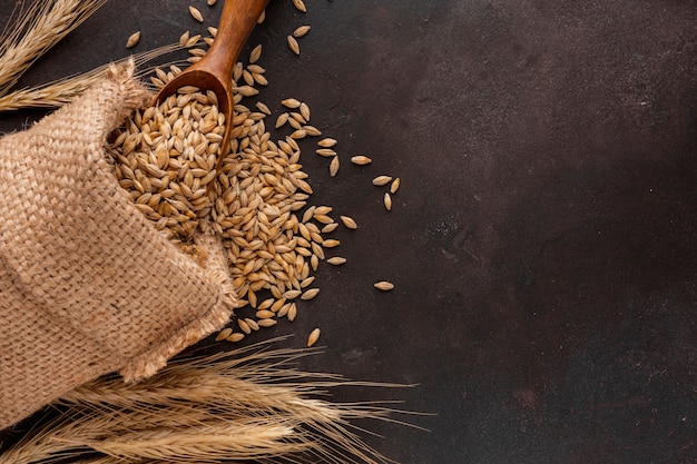 Фото Мешок с семенами пшеницы и деревянной ложкой