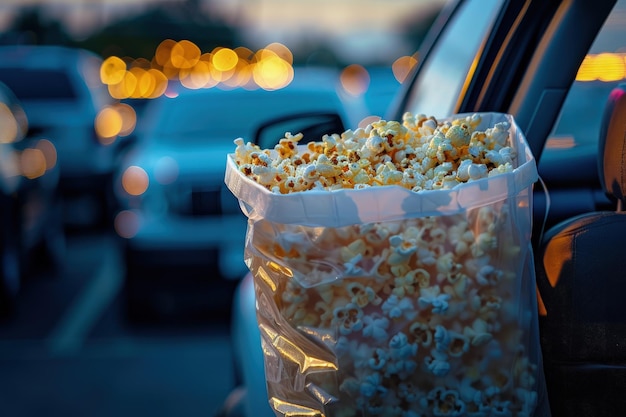 Foto un sacchetto di popcorn seduto sul retro di un'auto