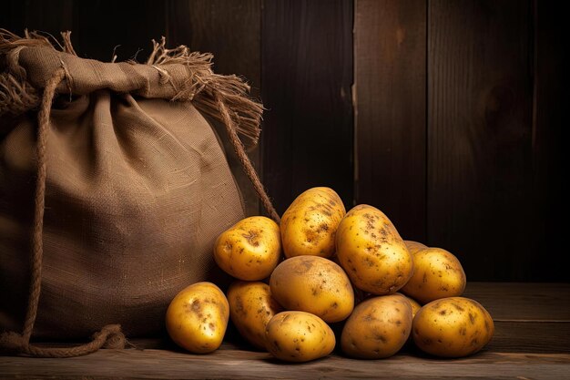 Bag of potatoes in dark brown wooden background in the style of greg olsen