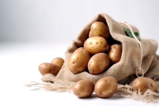 A bag of potatoes with a green leaf on the top