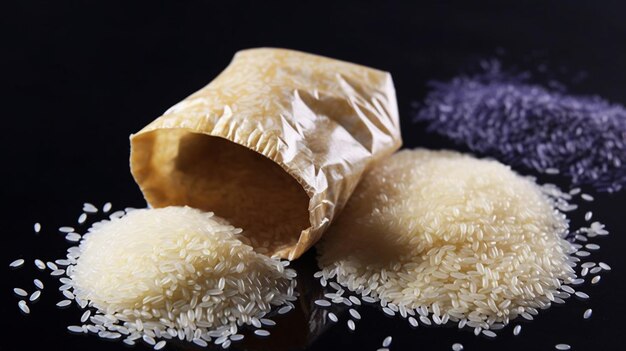 A bag of rice sits on a table with purple rice in the background.