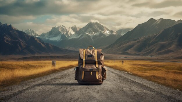 A bag on a road with mountains in the background Generative AI