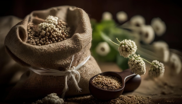 A bag of seeds and a wooden spoon