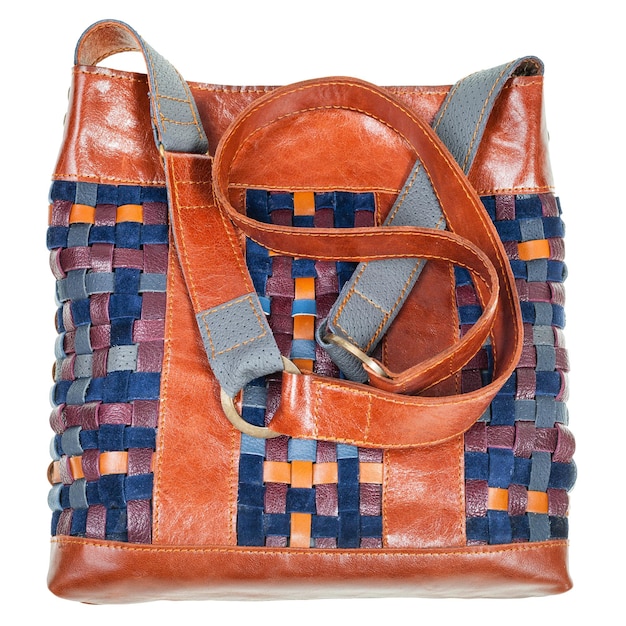 Photo bag sewn from intertwined leather strips isolated