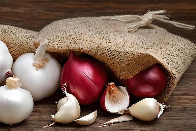 A bag of shallots and garlic