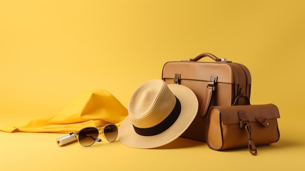 Сумка, солнцезащитные очки и шляпа лежат на желтом фоне.