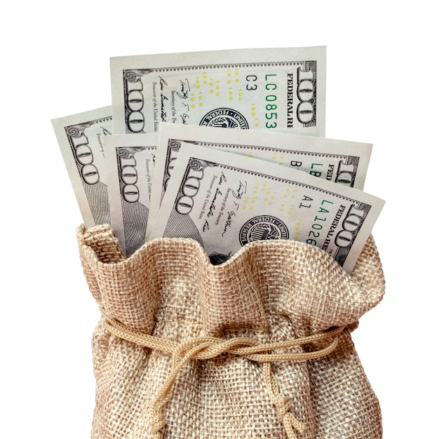 Bag of US dollars on a white isolated background