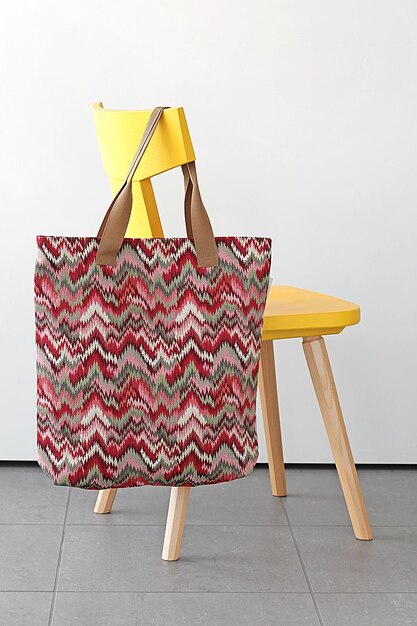 다양한 색상과 모양의 가방이 의자 등받이에 얹혀져 있습니다.