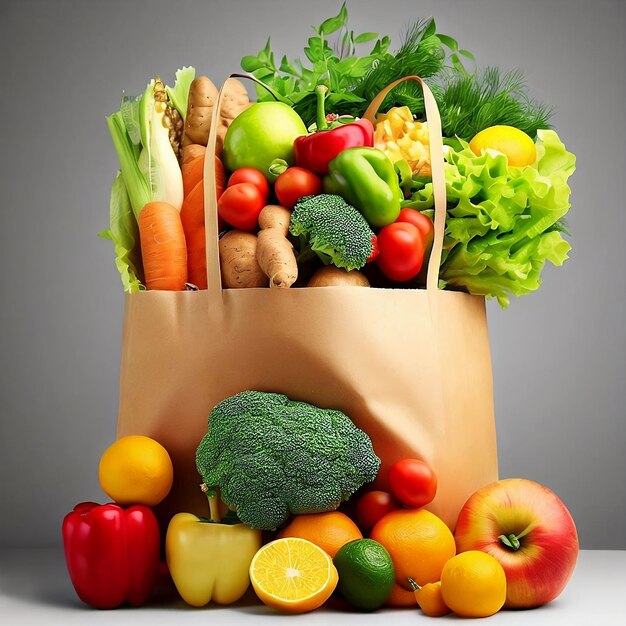 A bag of vegetables and fruits with a green leaf on it.