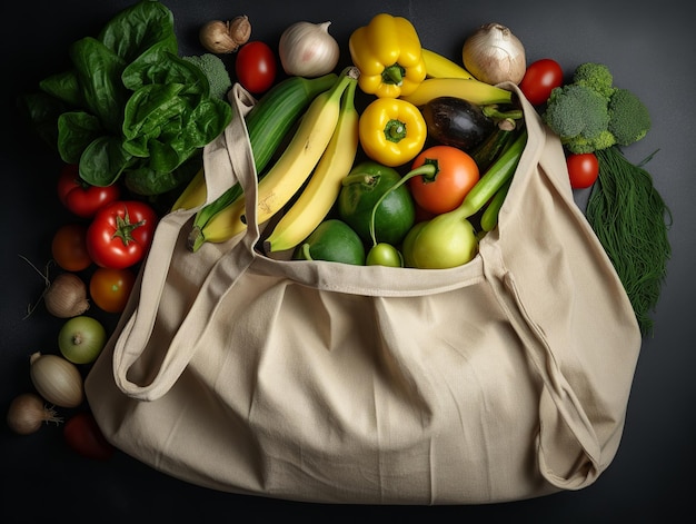 A bag of vegetables on a table with a black background