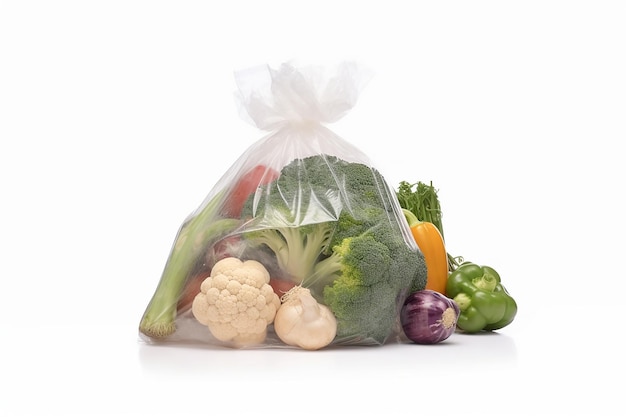 A bag of vegetables with a white background.