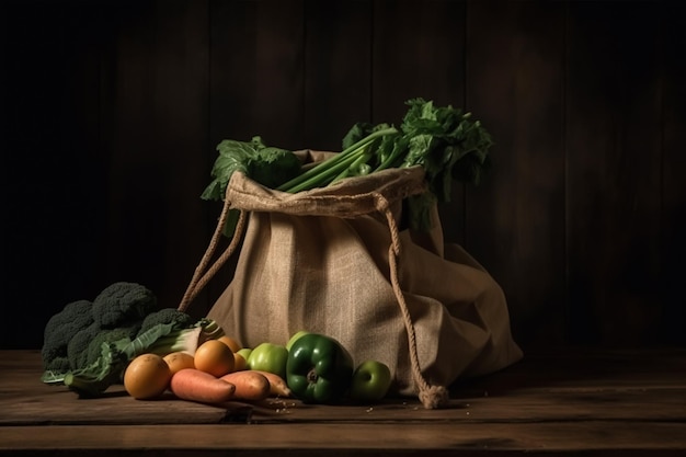 A bag of vegetables on a wooden table