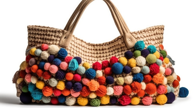 A bag with colorful pom poms on it