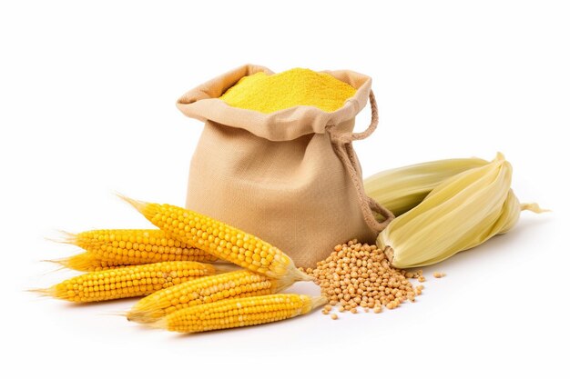 Bag with corn seeds cornmeal and corncobs isolated on white cornmeal corncob isolated corn bag