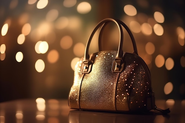 A bag with gold glitter on it sits on a table with lights in the background.