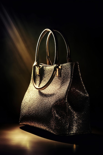 A bag with gold handles and a gold ring on it