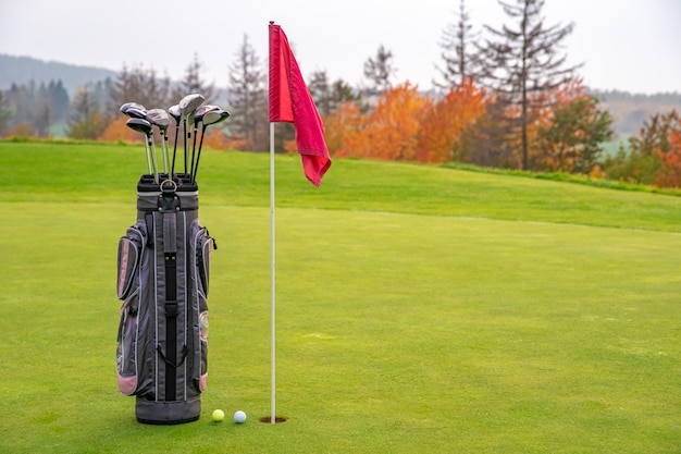 Bag with golf clubs on green