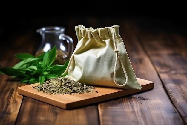 緑茶の葉が木製のテーブルにこぼれている袋