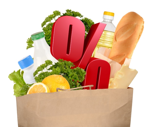 Bag with groceries and percentage symbol isolated on white