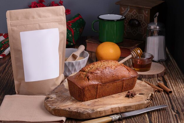 Bag with ingredients to make a cake in a Christmas decoration, to make it at home