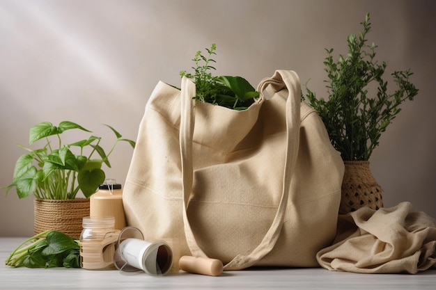 A bag with a plant on it and a plant on the side.